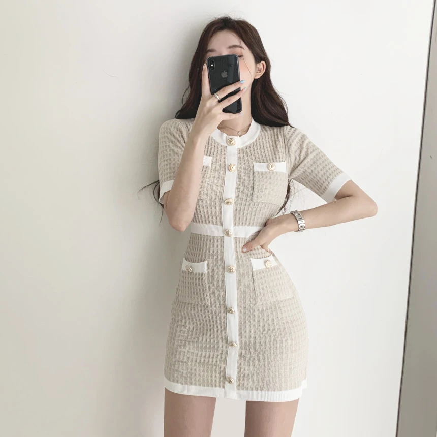 

Button Knitted Dress Bodycon Mini Vestido Curto Korean Summer Sexy Party Elegant Black Moda Feminina Ropa Mujer 2020 Robes