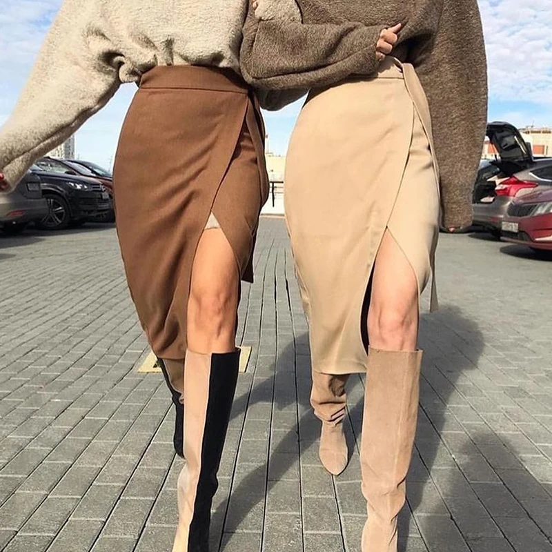 High Waist Split Women's Skirt Belt Bow Asymmetric Long Skirt Female OL Commuter Ladies Sexy Elegant Skirt Jupe Longue Femme