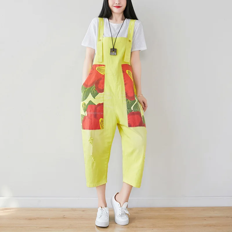 

Ripped Jeans Jumpsuit Women Summer 2020 Plus Size Rompers Overalls Print Denim Bib Pants with 3 Loops Straps Loose Casual Washed