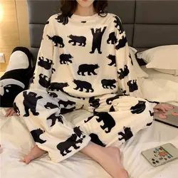 Flannel Nightie Winter Warm Pyjamas Round Neck Long Sleeve Cartoon Sleepwear Strawberry Pajamas Set Plus Size Lingere  Pajamas