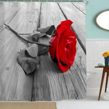 

Vintage Grey Shower Curtain,Red Rose Flower on Gray Rustic Wood Retro Country Romantic Rose Floral Art Print,Polyester