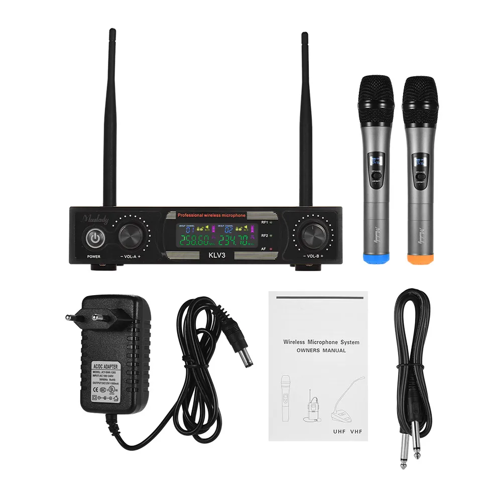 Muslady KLV3 VHF Wireless Microphones Set with 1 Receiver 2 Handheld Microphone Color Screen for DJ Party Karaoke Singing - Цвет: black EU PLUG