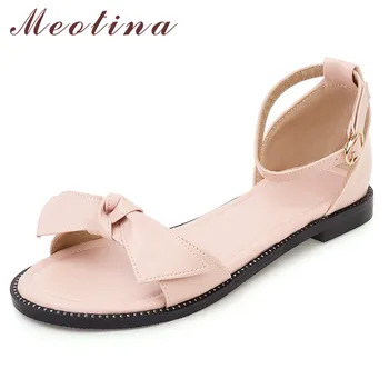 

Meotina Ankle Strap Women Shoes Bow Flat Sandals Ladies Round Toe Buckle Flat Footwear Summer Sweet Sandals Pink White Size 43