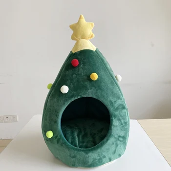 

Cute Christmas Tree Elk Pet House Semi Closed Soft Kitty House Kennel Cats Dog Bed Environmentally Friendly Warm Home BV789