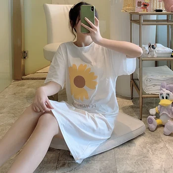 

Women Casual Cotton Night Dress Nightgown Women Print Sunflower Soft Brief Sleepshirts Night Shirt Nightie Sleepwear 2020 Summer