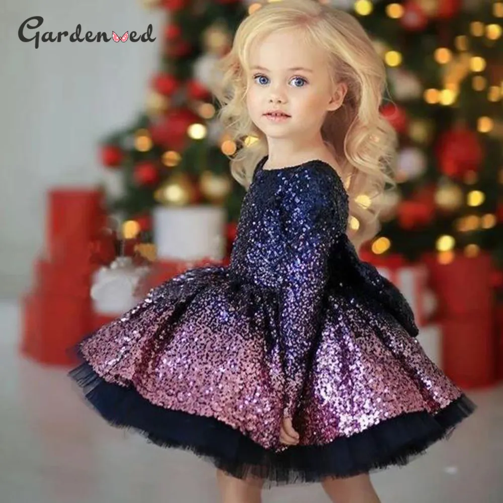 

Gradient Sequin Puffy Flower Girl Dresses Kids Long Glitter Sleeves Girl Party Dress Oneck Evening Dresses for Kids Baby Dresses
