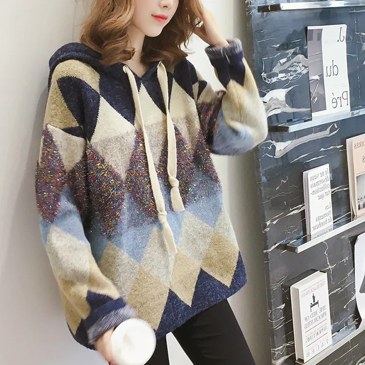 Loose Argyle Hat Pullover Sweater Woomen 2020 Spring Long Sleeve Student Knitted Female | Женская одежда