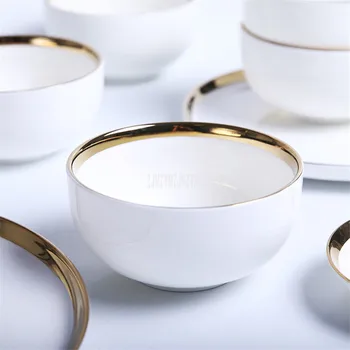 

10PCS/Set Nordic European Style Ceramic Rice Bowl Gold Edge 11.5x5.6cm Simple Household Round Cooked Rice Noodle Soup Round Bowl