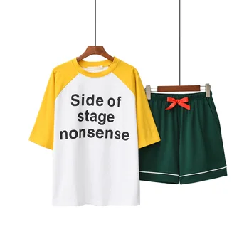 

2020 Summer Pajamas Women'S Short-Sleeved Raglan Sleeves Stitching Contrast Letter Round Neck Sleepwear Home Service Suit