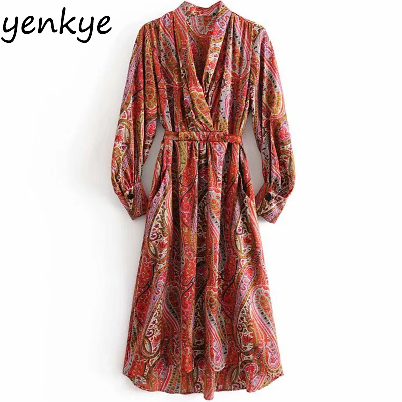 Autumn Dress Women Vintage Print Long Sleeve Lady V Neck Sashes A-line Plus Size robe longue AAZZ9516 | Женская одежда