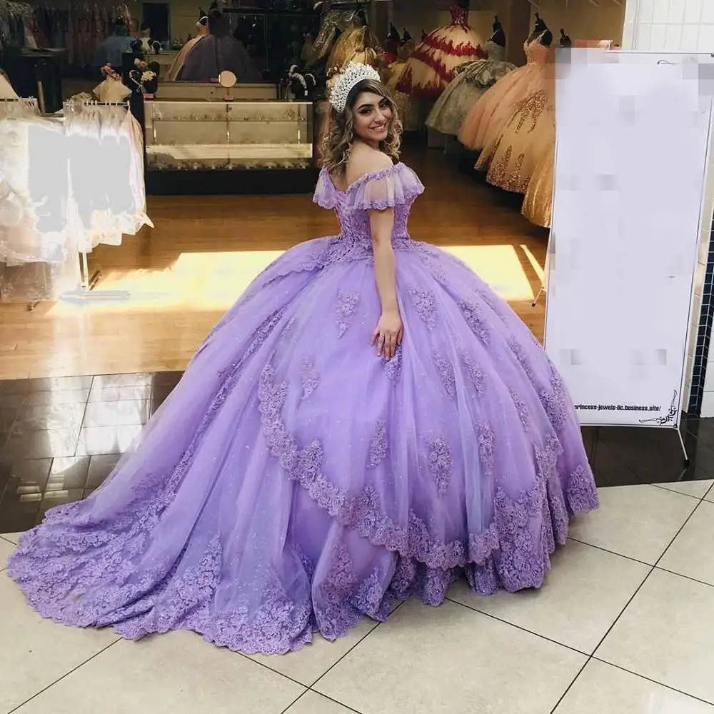 YiMinpwp Lilac Ball Gown Quinceanera Dresses Off Shulder Lace up Back Sweep Train Appliques Beads Long Fromal Prom Gowns