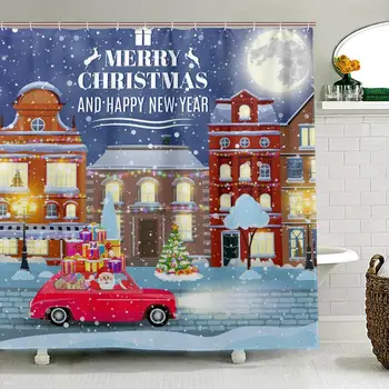 

Merry Christmas Red Truck Shower Curtain Polyester Waterproof Happy New Year Winter Bath Room Curtain for Bathroom with 12 Hook