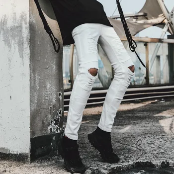 

Men's White Ripped Hole Skinny Jeans Men Casual Destroyed Stretch Cotton Denim Pants Punk Hip Hop Streetwear Long Trousers