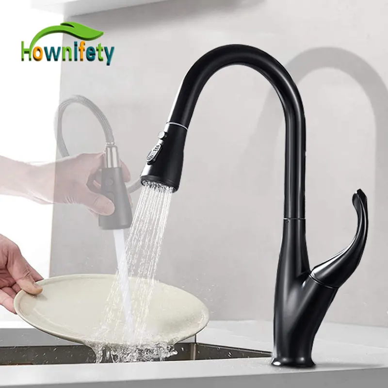 Black Kitchen Faucet Stream Crane-Tap Deck-Mount Pull-Out Cold-Mixer Rotation Hot Spray