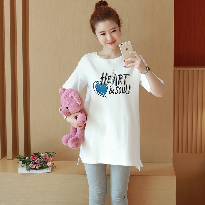 

2018 Spring Summer Korean-style Maternity Clothes Short Sleeve Mid-length Loose-Fit Pure Cotton Printed Letter Leisure T-shirt U