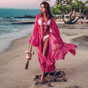 

Beach Coverups For Women Swimwear Dresses Swimsuit Cover Up Tunics Summer Dress Red Dot Print Horn Long Sleeve Loose Cardigan