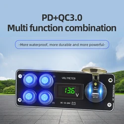 Cargador de coche de 12 24V con Panel de interruptores, voltímetro impermeable para coche, de 18W carga Usb, Cable de carga Usb tipo C y Panel QC3.0