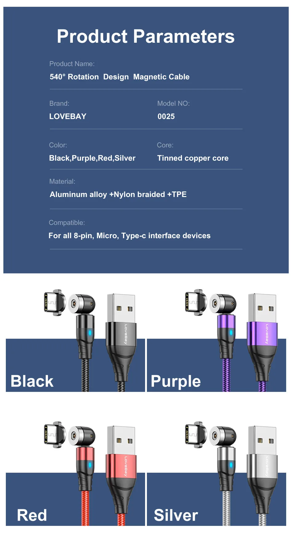 Lovebay 540 Rotate Magnetic Cable Fast Charging Magnet Charger Micro USB Type C Cable Mobile Phone Wire Cord For iPhone Xiaomi type of charger for android