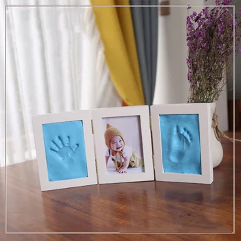 

3 in 1 Picture Frames DIY Cute Baby Photo Frame Handprint Footprint Soft Clay Safe Inkpad Non Toxic Home Wooden Picture Frame