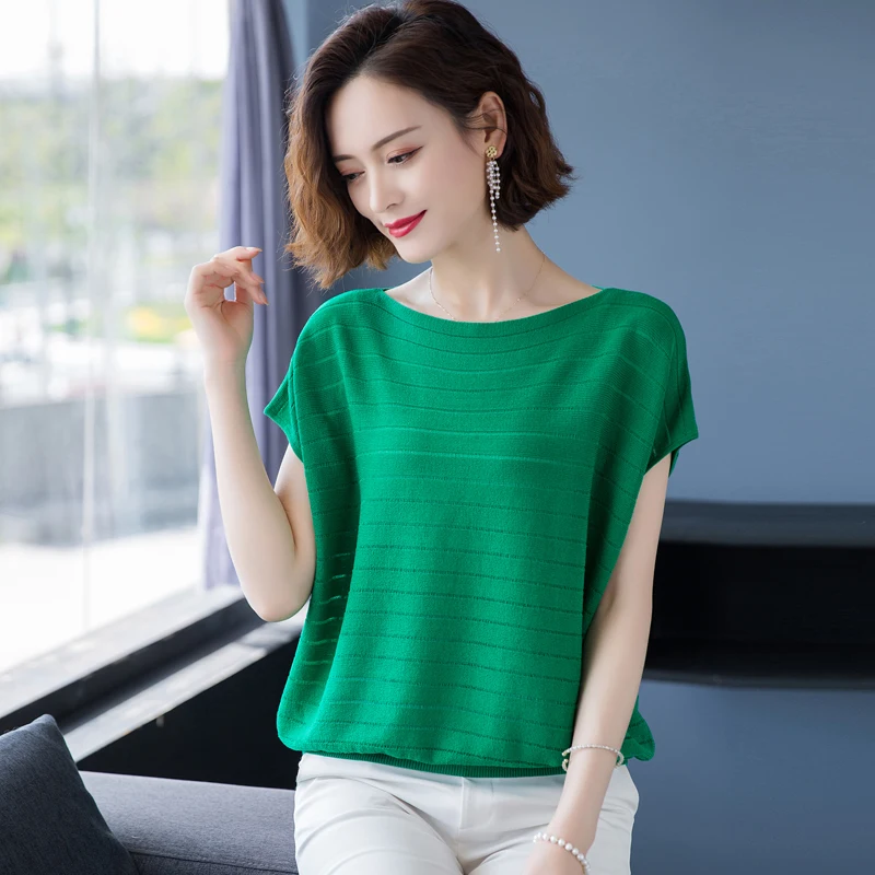 

Женская трикотажная блузка с коротким рукавом летучая мышь, Элегантная трикотажная блузка с вырезами, лето 2022