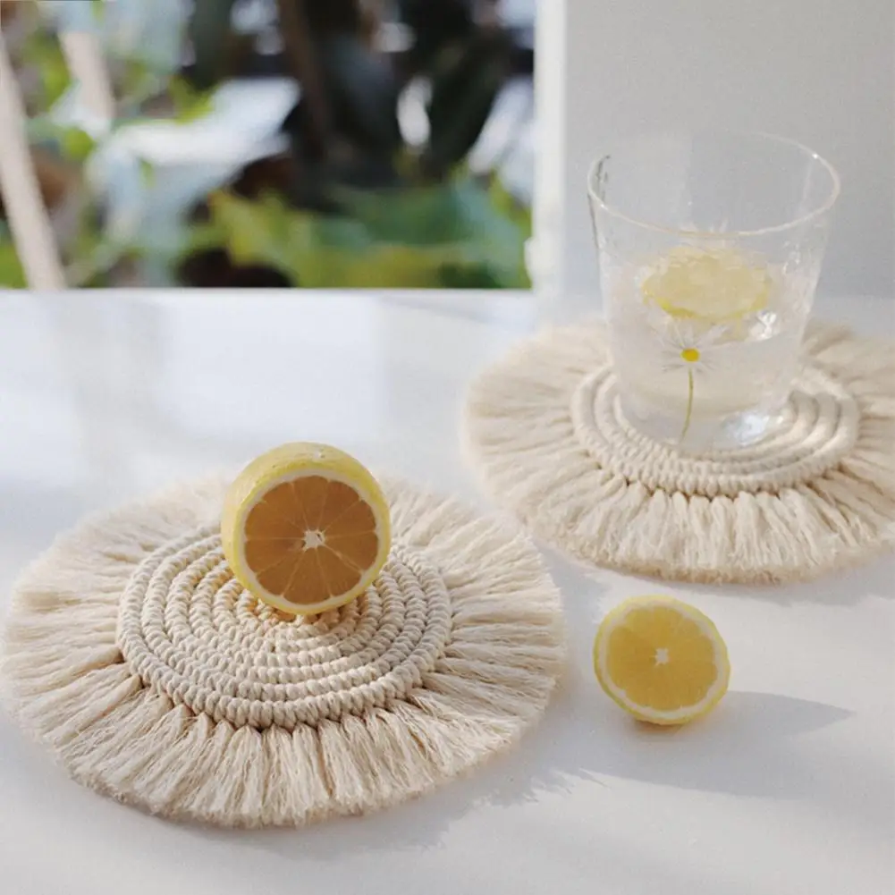 Northern Europe Macrame Cup Pad Bohemia Tablecloth Table Mat Pure Handmade Cotton Braid Non-slip Insulation Mats For Kitchen