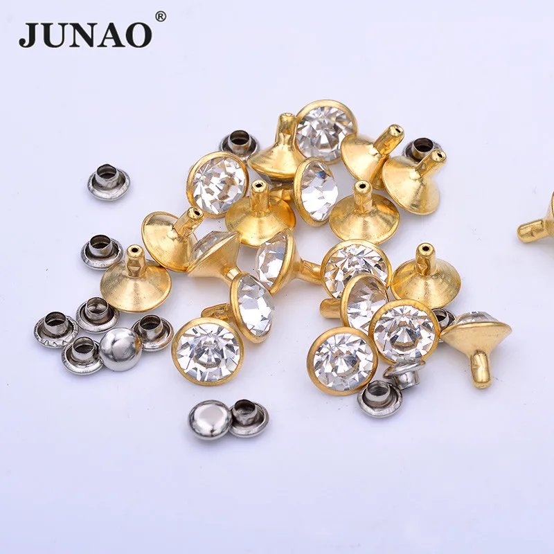 JUNAO 10mm Gold Rhinestones Rivet Metal Spikes Studs Decoration Rivet