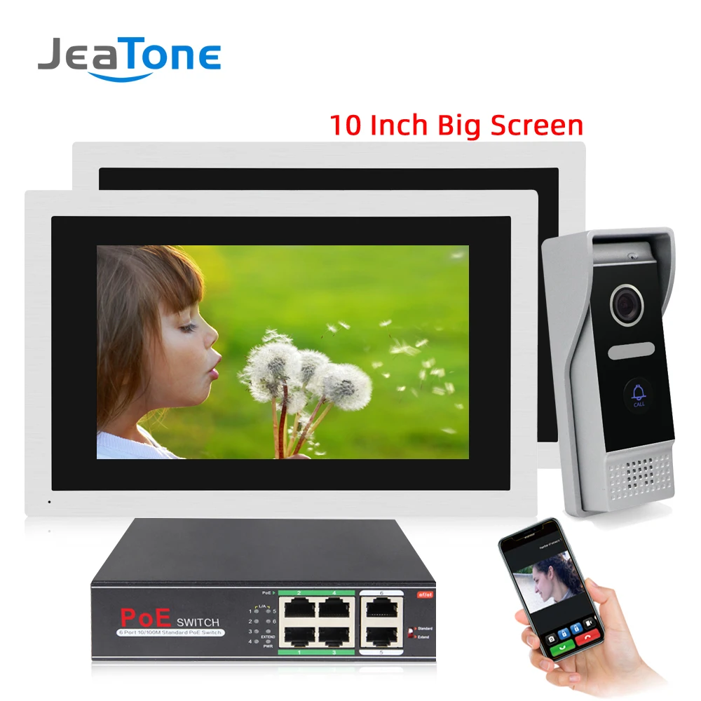 JeaTone HD 10 inch Big Touch Screen WiFi IP Wired Video Door Phone Intercom Kit 1 to 2 Home Access Control System Android IOS