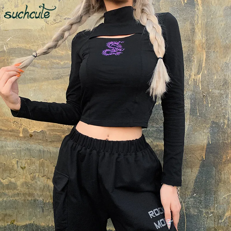 SUCHCUTE Dragon Print Женские футболки Modis Longslive Harajuku Gothic осень повседневные топы в Корейском стиле для женщин фестиваль