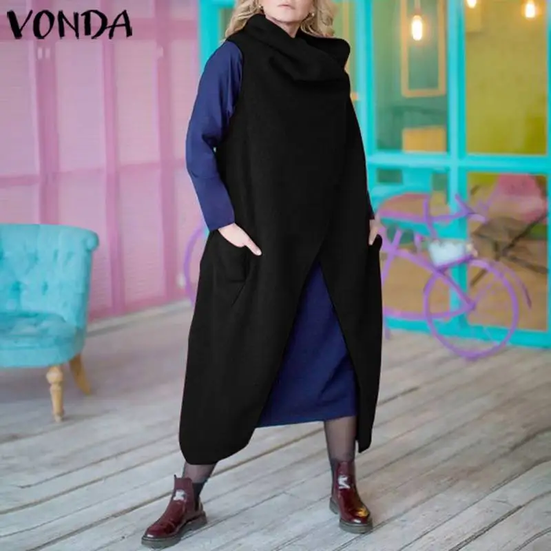 

Autumn Winter Dress Women Vintage Split Hem Dress VONDA Casual Loose Swearshirt Sleeveless Waistcoat 2019 Female Outerwear S-5XL