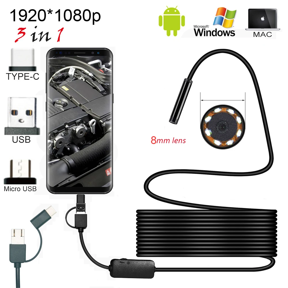 Ceny Nowy 8.0mm kamera endoskopowa 1080P HD endoskop usb z 8 LED 1 2 5M kabel wodoodporny boroskop inspekcyjny dla android pc
