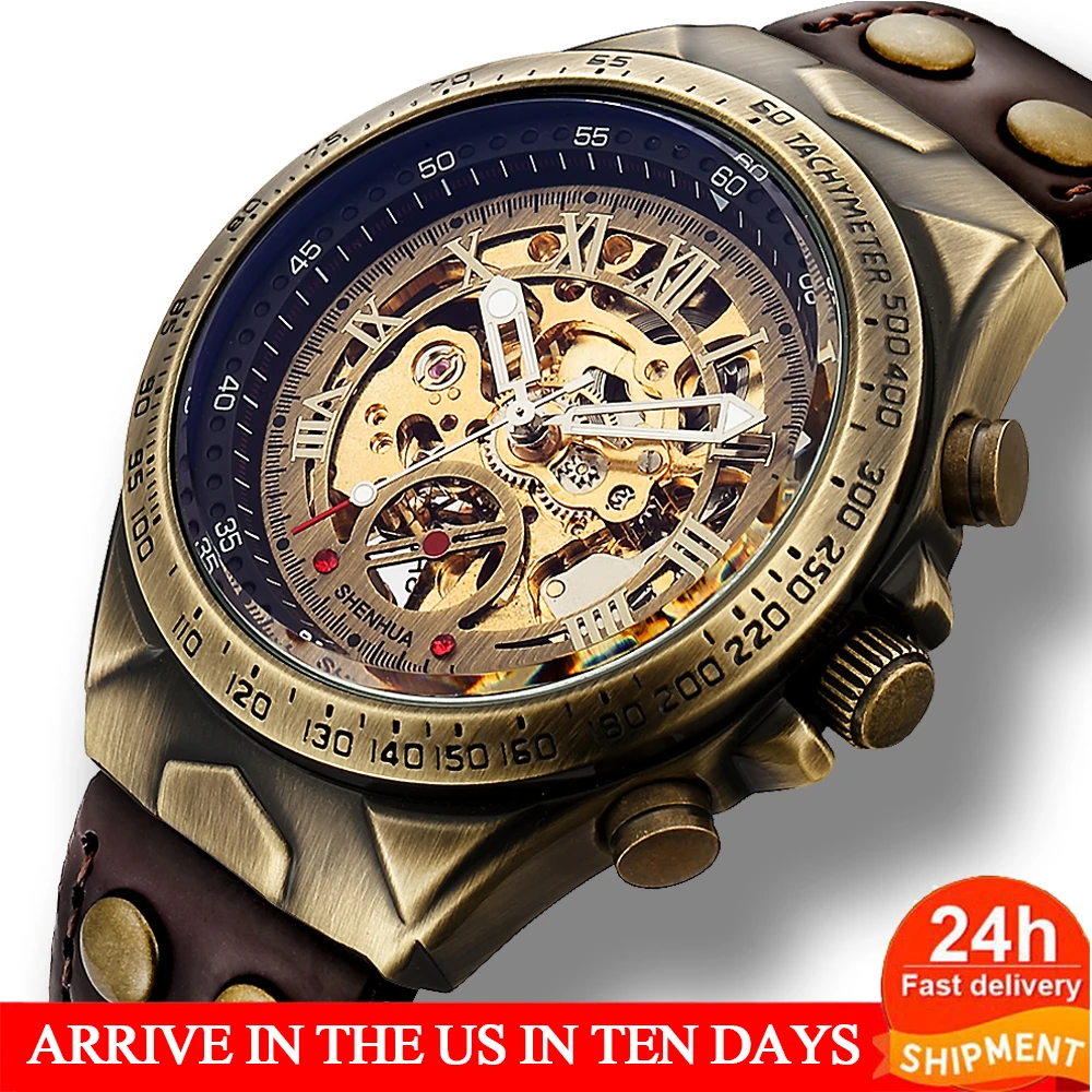 Top brand Automatic Mechanical Watch Men Leather Strap Retro Skeleton Steampunk Wristwatch Self wind reloj automatico de hombre | Наручные