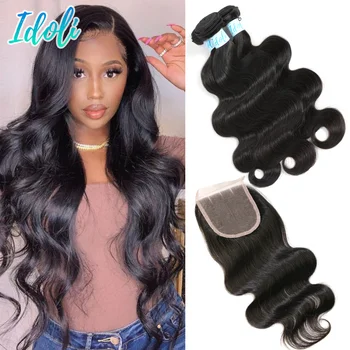 

Idoli HairBrazilian Body Wave Wavy Human Hair Bundles With Lace Closure 100% Human Hair Body Waves Bundles With Closure 4*4