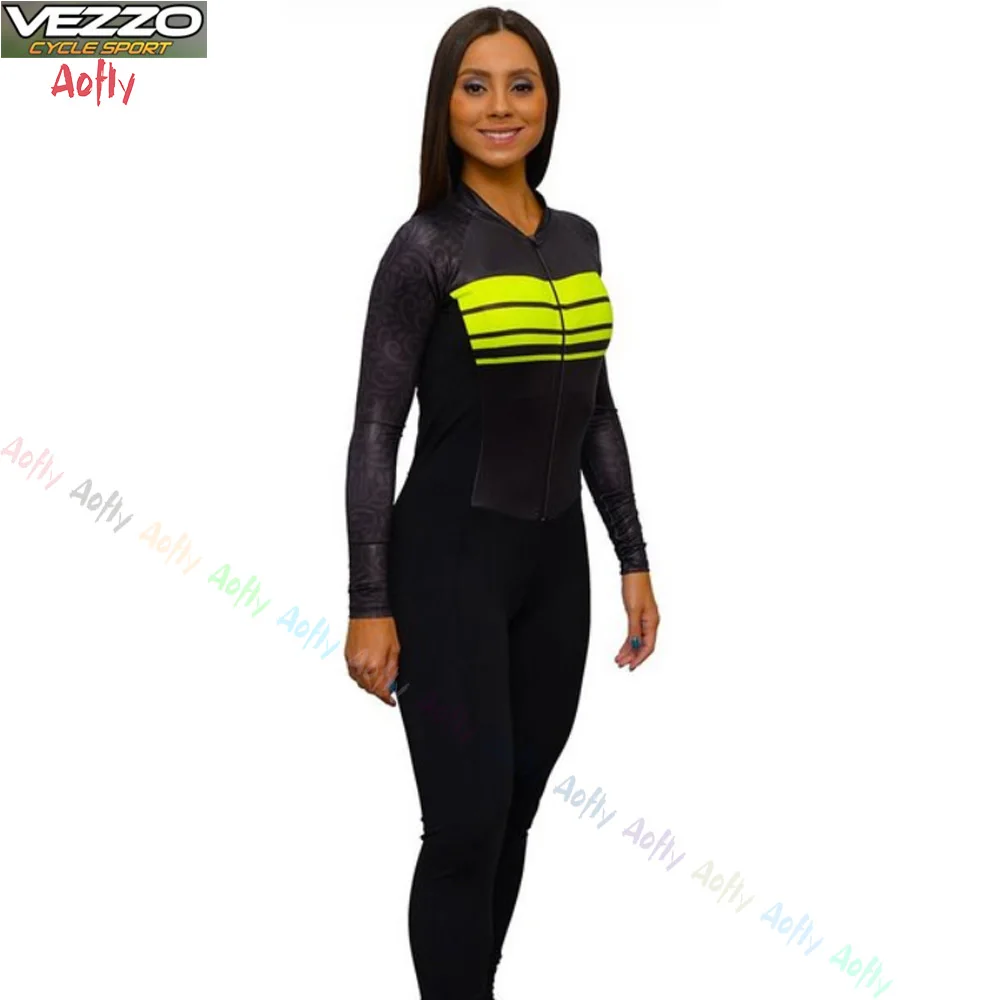

Велосипедный трикотажный женский комбинезон Vezzo с длинным рукавом, комбинезон для велоспорта, триатлона, спортивный комбинезон 20D, гелевые подкладки, согревающая лайкра, 2021