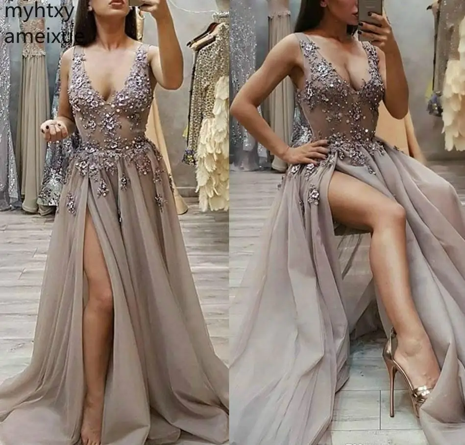 

2019 Dark Gray Prom Event Dress A Line Sexy Cheap Deep V Neck Long Formal Evening Party Gown Made Plus Size Prom Dress Elegant