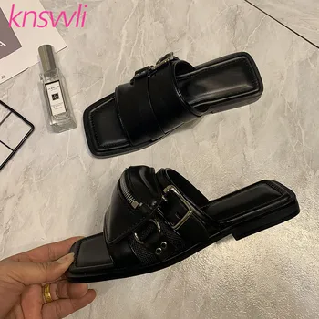 

Pocket Flat Slippers Women Square Toe Genuine Leather Mules Shoes Women Wallet Belt Buckle Summer Shoes Woman Zapatos De Mujer