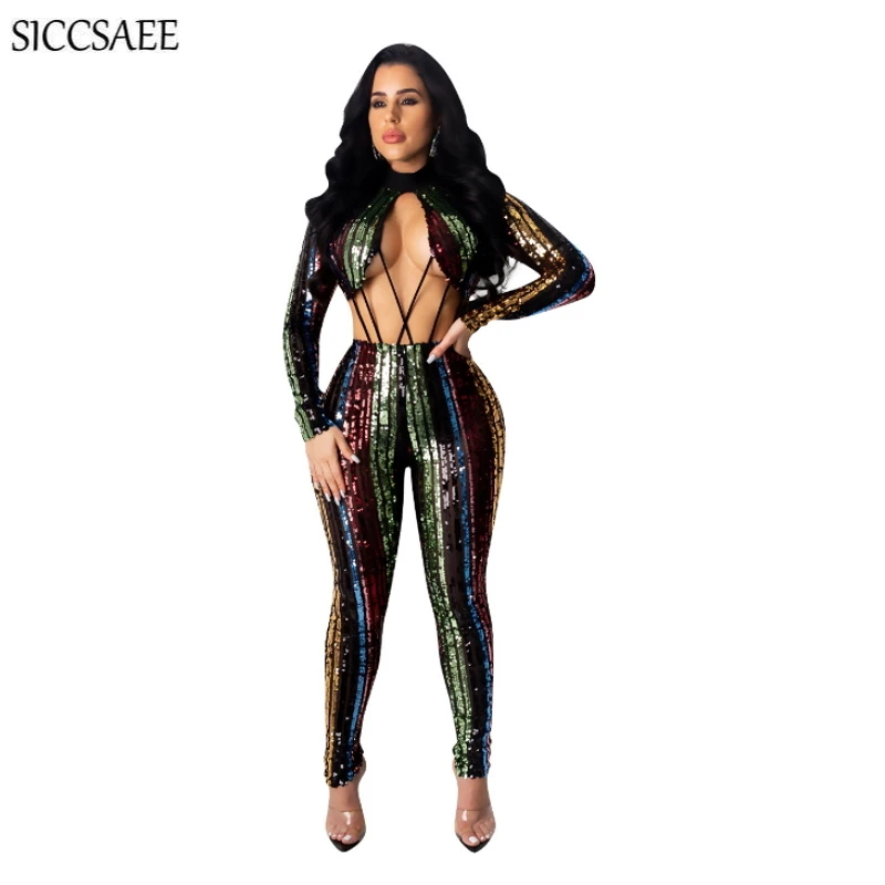 

Open Back Zip Rompers Womens Jumpsuit Colorful Sequins Stripper Sexy Club Wear Sparkly Bodycon Bandage Bodysuit Cut Out Glitter