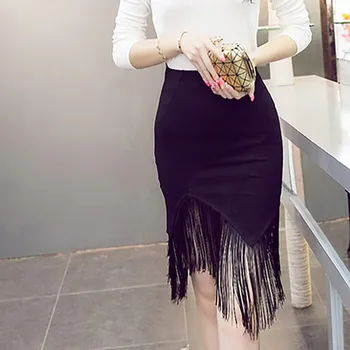 

EFINNY 2019 Women Autumn Knee-Length Skirt Tassel Bodycon Skirts Fashion Sexy Ladies Slim Skirts High Waist Skirt