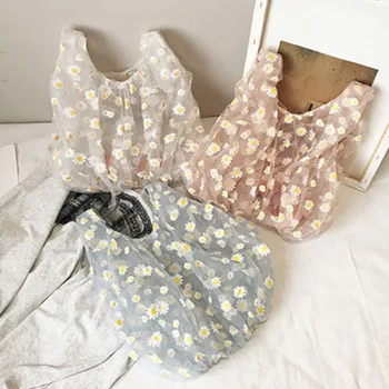 

2020 Summer Women Transparent Tote Mesh Cloth Bag Daisy Flower Embroidery Handbag Eco Fruit Bag Purse For Girl Shopping Bag