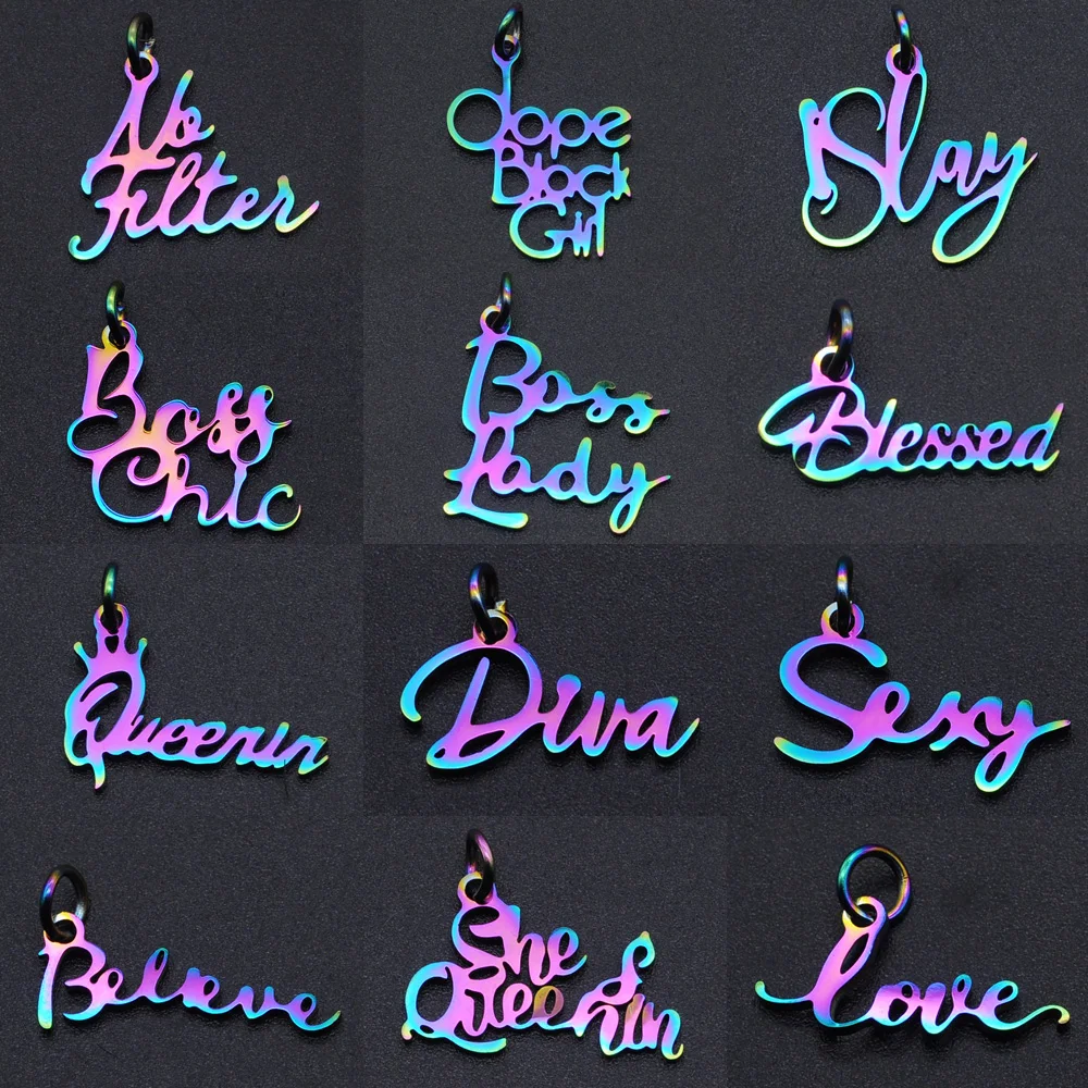 5pcs/lot Rainbow Word Script Charm Wholesale 100% Stainless Steel Slay Diva Black Girl Charms Blessed Queen Jewelry Pendant | Украшения и