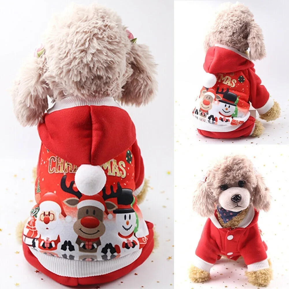 Рождественская Одежда для собак, осенне-зимнее теплое пальто, одежда, костюм Санты, Рождественская Одежда для питомцев, наряд с капюшоном, одежда для собак, щенков, XS-XXL