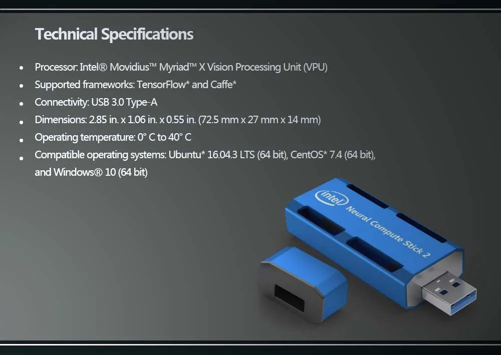 Intel NCS2 Movidius Neural Compute Stick 2 for Deep Neural Network Applications (DNN). Description Image.