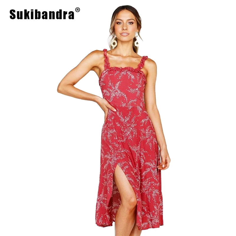 Sukibandra 2019 летнее платье без рукавов с цветочным принтом женское платье на бретельках женское Красное винтажное платье средней длины