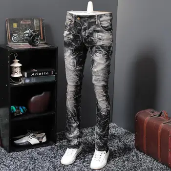 

Autumn Men's Black Retro Jeans Motorcycle Straight Slim Long Pants European and American Tide Brand Jeans