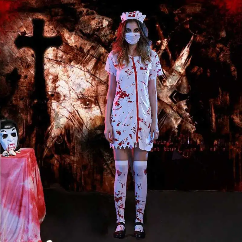 

Scary Style Female Nurse Uniform Cosplay Costume Halloween Costume Party Wear Bloody Funny Adult Performance Suit Vampire Outfit
