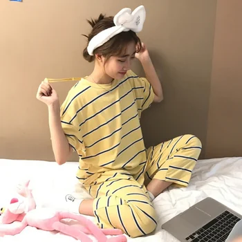 

Fashion Casual Pajamas Set For Women Home Service Suit Striped Wave Short-sleeved Trousers Pajama Sleepwear