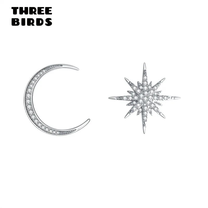 Трендовые 925 серебряные серьги-гвоздики со звездами и луной, маленькие Кристальные серьги из розового золота для женщин, очаровательные ювелирные изделия E-h0380