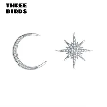 Трендовые 925 серебряные серьги-гвоздики со звездами и луной, маленькие Кристальные серьги из розового золота для женщин, очаровательные ювелирные изделия E-h0380