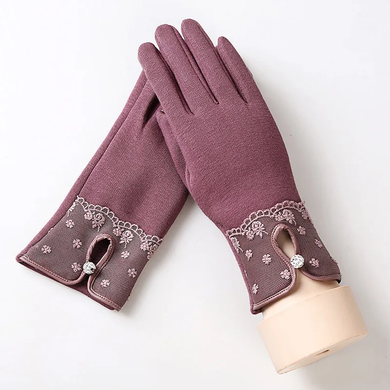 Женские модные теплые хлопковые перчатки для сенсорного экрана перчатки женские зимние перчатки Цветочные кружевные варежки с бантом - Цвет: 016F-bean