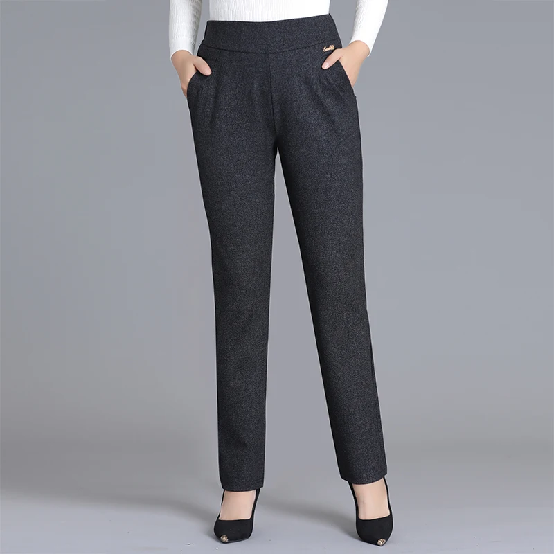 

Mature Women Elegant Pants Autumn Casual High Elastic Waist Baisc Bottoms Female Black Gray Stripe Trouser Mother Pant Plus Size