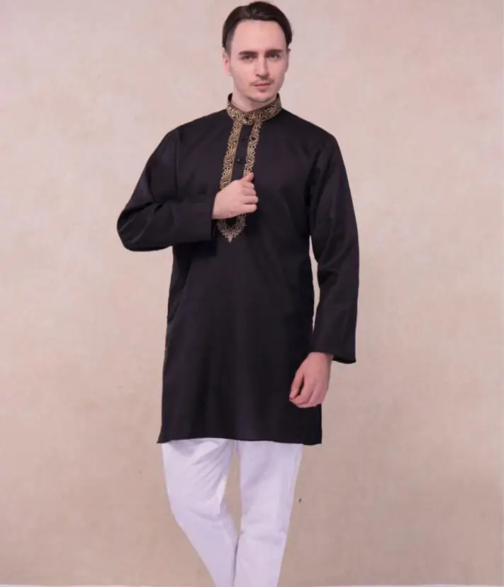 Индийские мужские костюмы этнические наборы с вышивкой удобные хлопковые индийские свободные длинные рукава черный тонкий топ и брюки